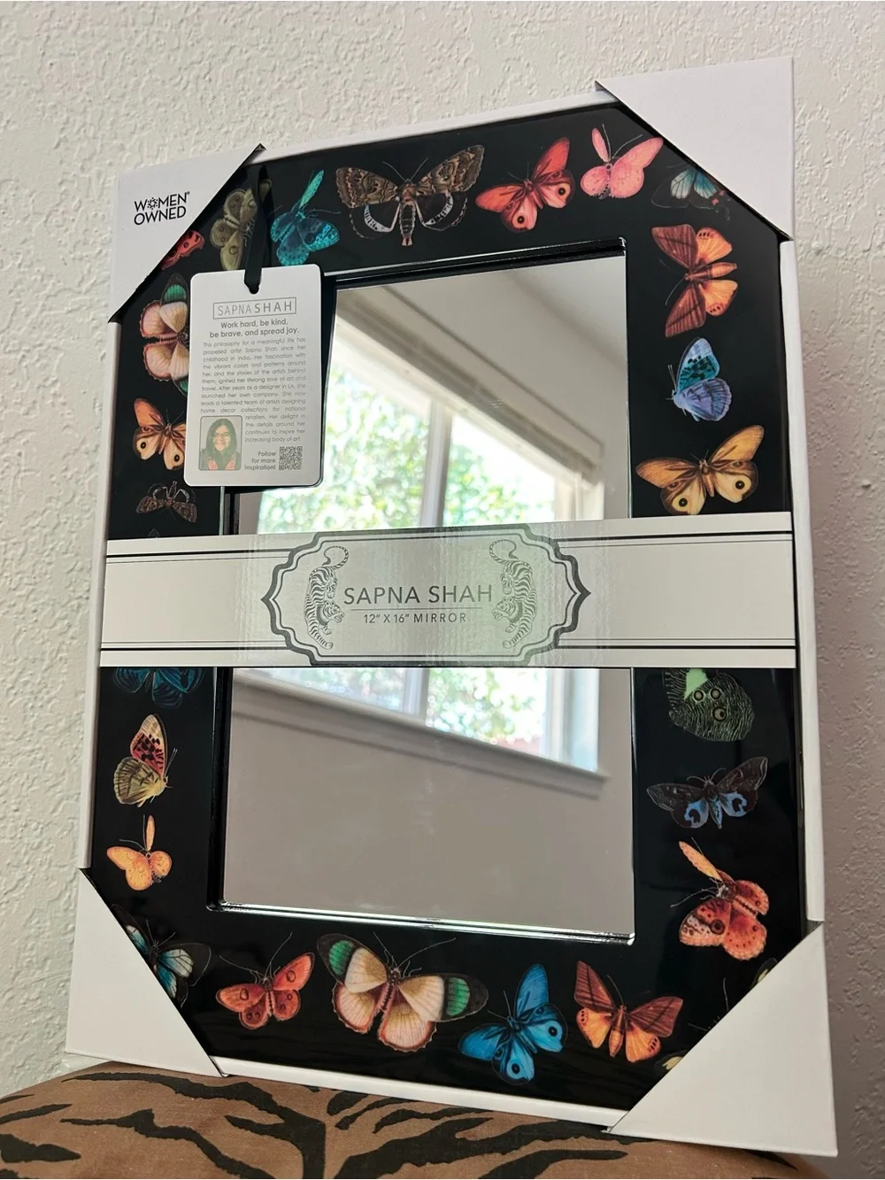 NEW Sapna Shah Black Colorful Butterfly Moth Accent Wall Mirror 12”x16”